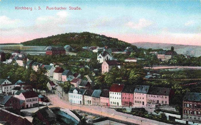 Kirchberg Sachsen Auerbacher Strasse Panorama – Ansichtskarte Kirchberg Sachsen