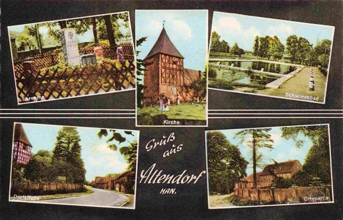 Altendorf Bentheim Ehrenmal Kirche Schwimmbad Dorfstrasse Ortspartie – Ansichtskarte Nordhorn
