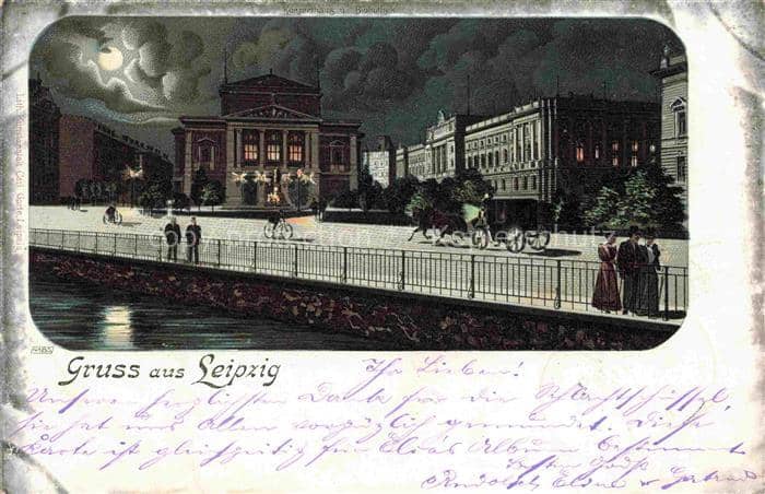 LEIPZIG Sachsen Promenade Pferdekutsche Gebaeude im Mondschein Litho – Ansichtskarte Leipzig