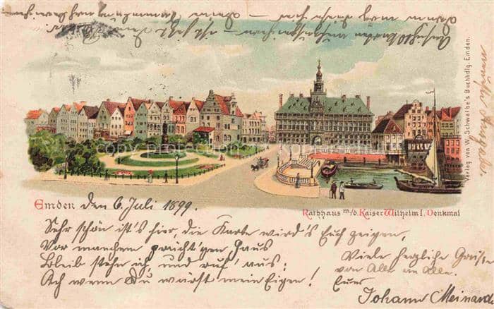 EMDEN  Ostfriesland Rathaus Kaiser Wilhelm-Denkmal Kuenstlerkarte – Ansichtskarte Emden