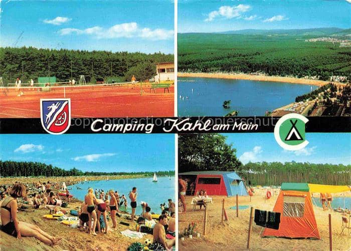 Kahl Main Camping Tennisplatz Baggersee Strand Badende Zelte Segelboot Freizeitg – Ansichtskarte Kahl a.Main