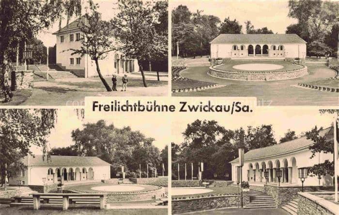 ZWICKAU  Sachsen Freilichtbuehne Buehne Amphitheater Park Baeume Gebaeude – Ansichtskarte Zwickau