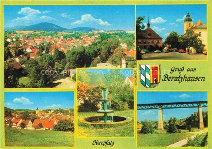 Beratzhausen Rathaus Kirche Brunnen Viadukt Oberpfalz Ortsansicht Wappen – Ansichtskarte Beratzhausen