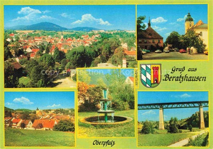 Beratzhausen Rathaus Kirche Brunnen Viadukt Oberpfalz Ortsansicht Wappen – Ansichtskarte Beratzhausen