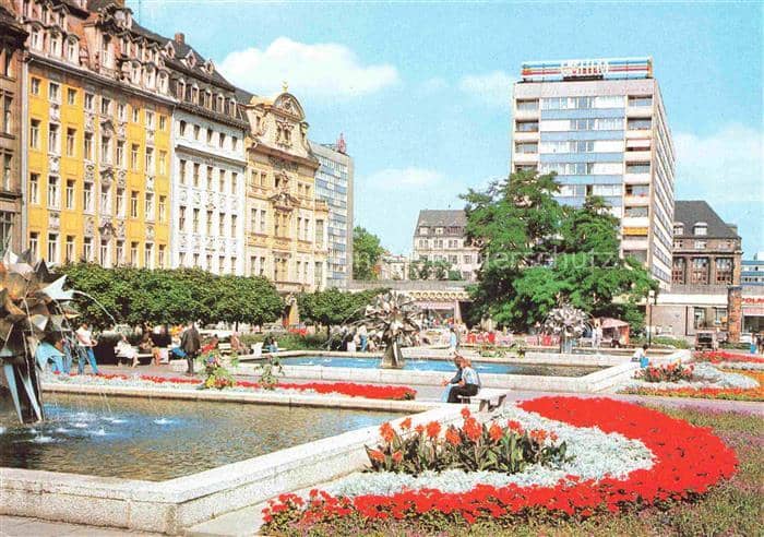 LEIPZIG Sachsen Sachsenplatz Brunnen Blumenanlage Gruenderzeitgebaeude Hochhaus – Ansichtskarte Leipzig