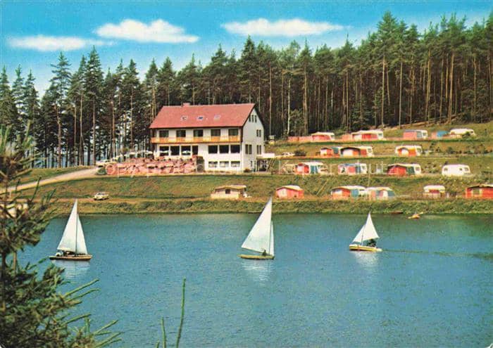 Arzberg Oberfranken Gasthof-Seeklause See Segelboote Campingplatz Wohnwagen Zelt – Ansichtskarte Arzberg