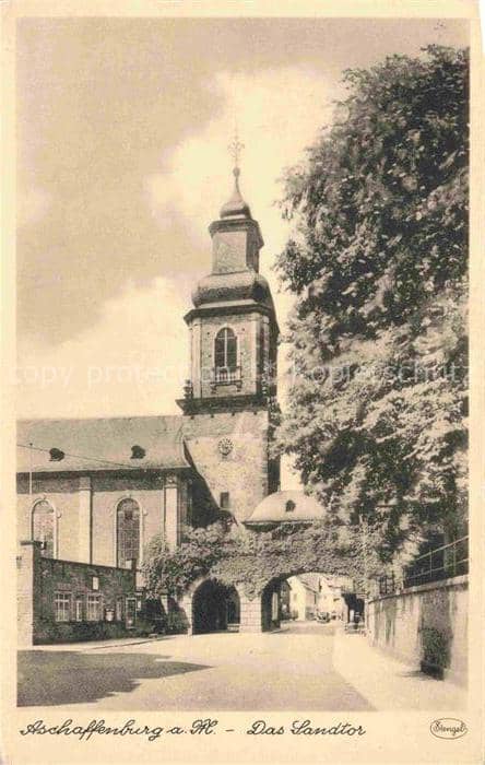 ASCHAFFENBURG Main Bayern Sandtor Kirchturm Torbogen Stadttor Kirche Baeume Sand – Ansichtskarte Aschaffenburg