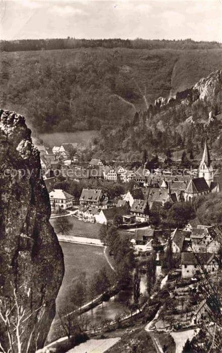 Blaubeuren Kloster Wilhelmsfelsen Talblick Kirche Ortschaft Felsen Fluss Wald – Ansichtskarte Blaubeuren