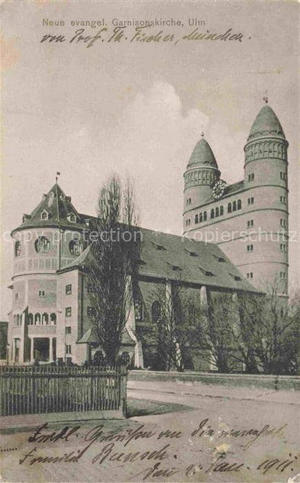 ULM  Donau BW Garnisonskirche Evangelisch Turm Kirchenschiff Rundfenster Baeume – Ansichtskarte Ulm