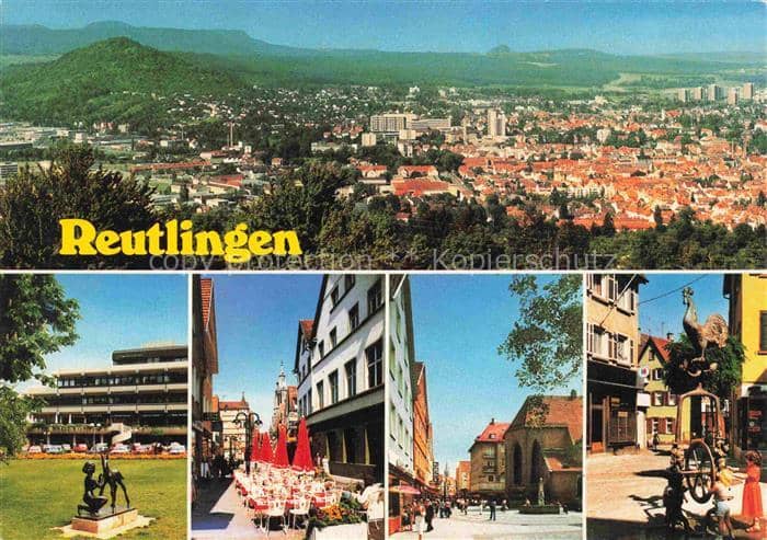 REUTLINGEN BW Achalm Panorama Fussgaengerzone Skulptur Marktplatz Altstadt Schwa – Ansichtskarte Reutlingen
