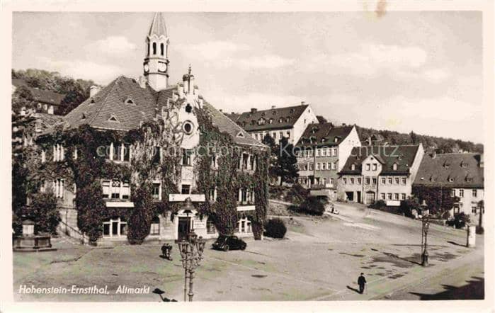 Hohenstein-Ernstthal Sachsen Altmarkt Rathaus Kirchturm Marktplatz Fahrzeug Pass – Ansichtskarte Hohenstein-Ernstthal