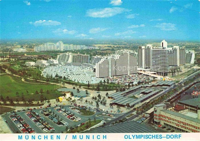Allach MueNCHEN Bayern Olympisches-Dorf Olympiapark Hochhaeuser BMW Parkplatz Wo – Ansichtskarte München