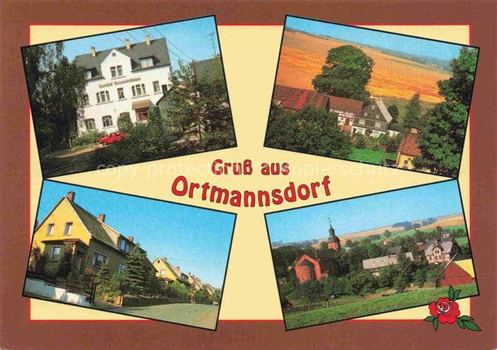 Ortmannsdorf Muelsen Sachsen Gasthof-Neumannhaus Kirche Wohnhaeuser Landschaft O – Ansichtskarte Mülsen