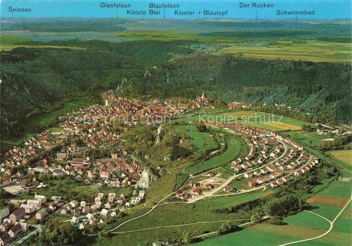Blaubeuren Fliegeraufnahme Talkessellage Glasfelsen Blaufelsen Kloetzle-Blei Klo – Ansichtskarte Blaubeuren