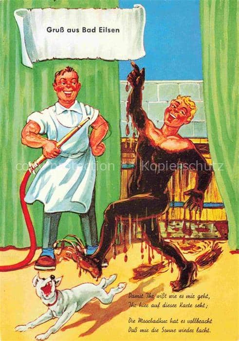 Bad Eilsen Schaumburg Niedersachsen Humorkarte Moorbad Knechtsfigur Hund Karikat – Ansichtskarte Bad Eilsen