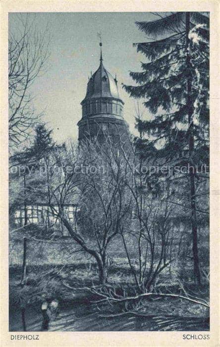 Aschen Diepholz Schloss Schlossturm Baeume Tannen Winter Fachwerkhaus – Ansichtskarte Diepholz