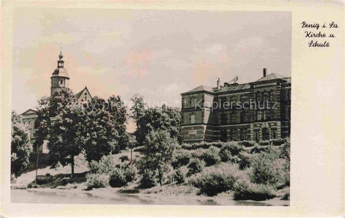 Penig Kirche Schule Kirchturm Fluss Baeume Schulgebaeude – Ansichtskarte Penig