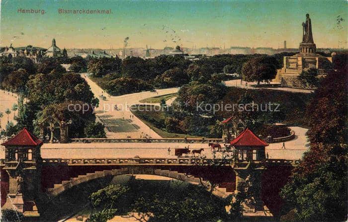 HAMBURG  CITY Bismarckdenkmal Park Bruecke Pferdewagen Stadtpanorama Baeume Denk – Ansichtskarte Hamburg