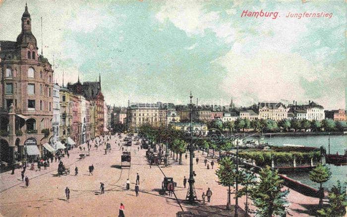 HAMBURG  CITY Jungfernstieg Strassenszene Strassenbahn Alster Passanten Geschaef – Ansichtskarte Hamburg