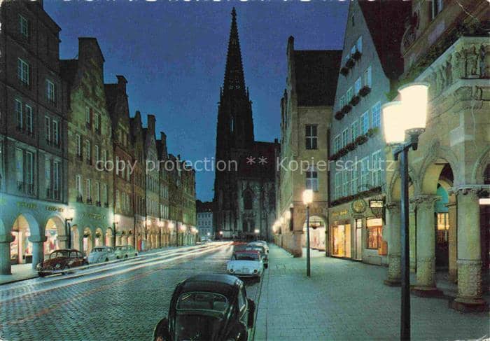 MueNSTER Westfalen NRW Prinzipalmarkt Nachtaufnahme Lambertikirche Arkaden VW-Ka – Ansichtskarte Münster