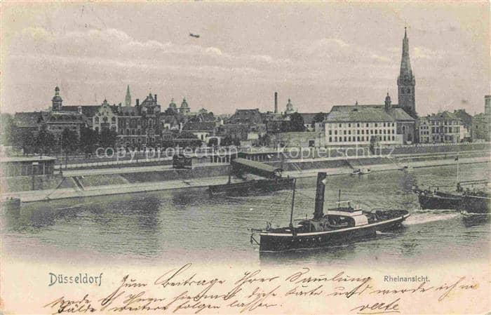DuessELDORF  CITY Rheinansicht Rhein Dampfschiff Schleppkahn Kirchturm Altstadt – Ansichtskarte Düsseldorf
