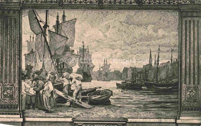 HAMBURG  CITY Hafen Segelschiffe Ruderboote Fischerleute Gemaelde Wandgemaelde R – Ansichtskarte Hamburg