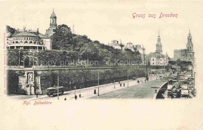 DRESDEN Elbe Kgl-Belvedere Elbe Strassenbahn Dampfschiff Kirche Schloss Promenad – Ansichtskarte Dresden Elbe