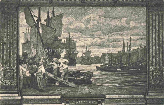 HAMBURG  CITY Wandgemaelde Hamburger-Rathaus Hugo-Vogel Hafen Segelschiffe Histo – Ansichtskarte Hamburg
