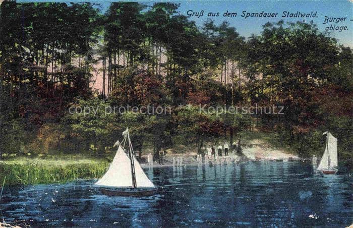Spandau BERLIN Spandauer-Stadtwald Buergerablage See Segelboote Baeume Sandstran – Ansichtskarte Berlin