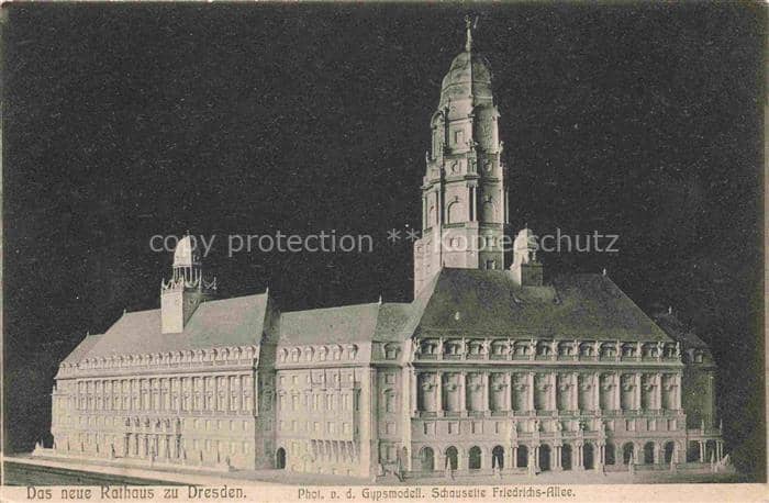 DRESDEN Elbe Neues-Rathaus Gypsmodell Friedrichs-Allee Rathausturm Nachtaufnahme – Ansichtskarte Dresden Elbe