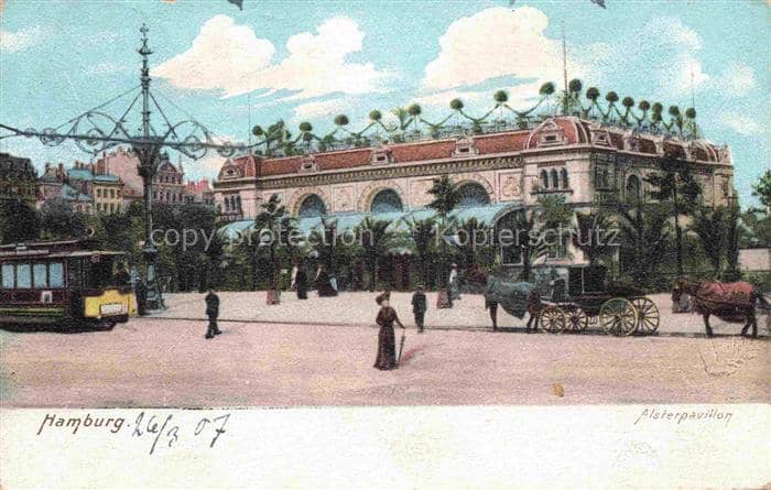 HAMBURG  CITY Alsterpavillon Strassenbahn Pferdekutsche Passanten Jugendstil Pal – Ansichtskarte Hamburg