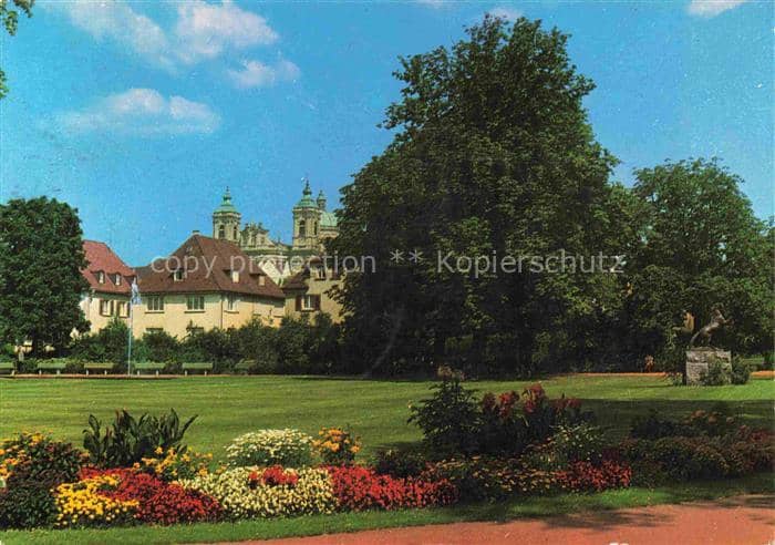 Weingarten Wuerttemberg Basilika Park Blumenbeete Skulptur Baeume Kirchturm – Ansichtskarte Weingarten