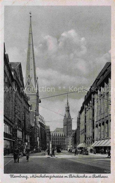HAMBURG  CITY Moenckebergstrasse Petrikirche Rathaus Kirchturm Strassenszene Aut – Ansichtskarte Hamburg