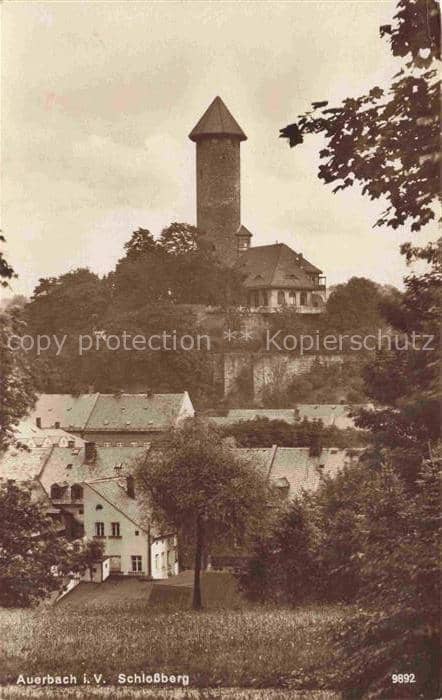 Auerbach Vogtland Sachsen Schlossberg Schlossturm Burg Altstadt Daecher Baeume V – Ansichtskarte Auerbach