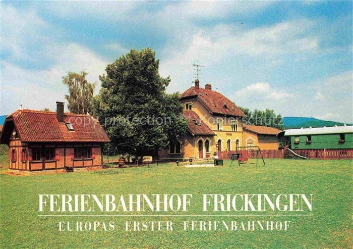 Frickingen Baden Bodenseekreis BW Ferienbahnhof Bahnhofsgebaeude Eisenbahnwaggon – Ansichtskarte Frickingen