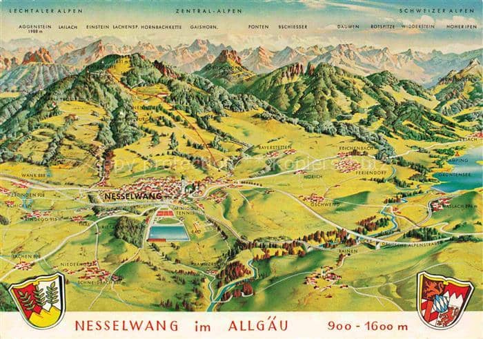 Nesselwang Allgaeu Bayern Nesselwang Allgaeu Panoramakarte Lechtaler-Alpen Schwe – Ansichtskarte Nesselwang