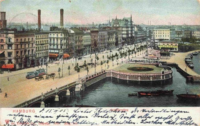 HAMBURG  CITY Jungfernstieg Alsterfleet Strassenbahn Kanal Schornsteine Bruecke – Ansichtskarte Hamburg