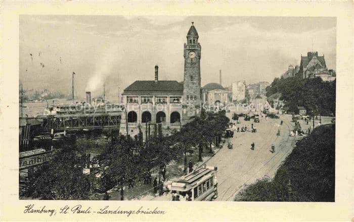 HAMBURG  CITY St-Pauli-Landungsbruecken Elbe Uhrenturm Strassenbahn Dampfschiff – Ansichtskarte Hamburg