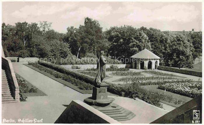 BERLIN  CITY Schiller-Park Statue Denkmal Rosengarten Pavillon Baeume Park – Ansichtskarte Berlin