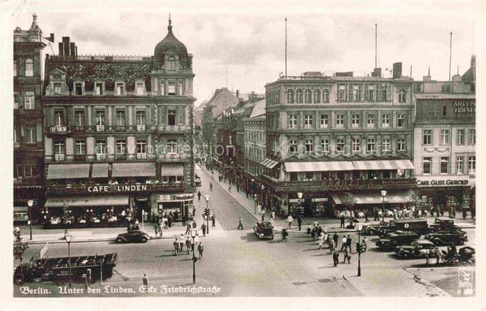 BERLIN  CITY Unter-den-Linden Ecke-Friedrichstrasse Cafe-Linden Strassenszene Au – Ansichtskarte Berlin