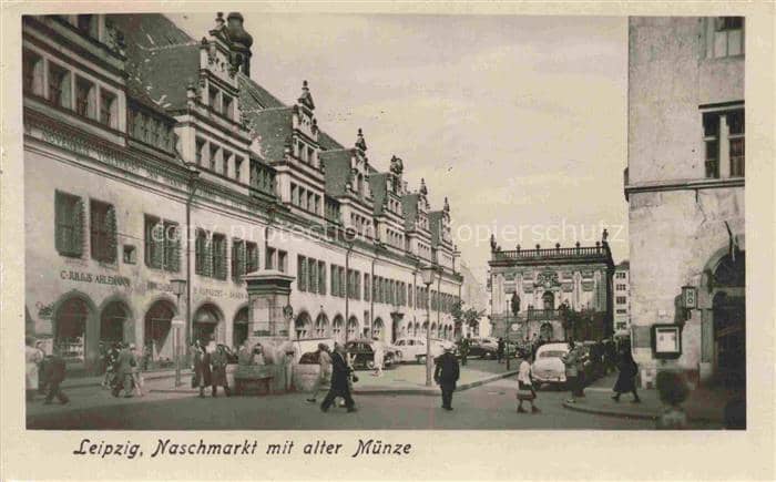 LEIPZIG Sachsen Naschmarkt Alte-Muenze Renaissance-Gebaeude Passanten Autos Stra – Ansichtskarte Leipzig