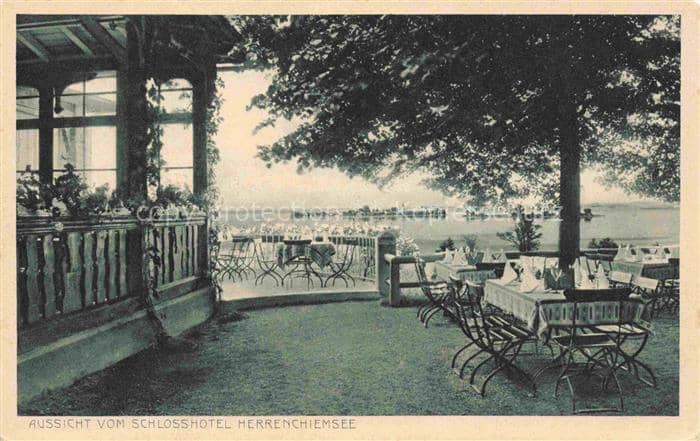 Herrenchiemsee Bayern Schlosshotel-Herrenchiemsee Terrasse Chiemsee See Tische S – Ansichtskarte Chiemsee