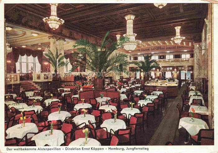 HAMBURG  CITY Alsterpavillon Jungfernstieg Café-Restaurant Innenraum Kronleuchte – Ansichtskarte Hamburg