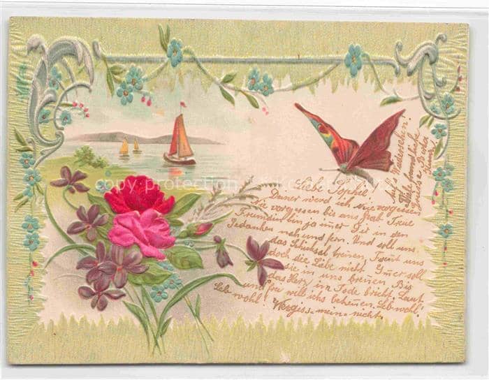 Schmetterlings-AK Segelboot Blumen – Ansichtskarte