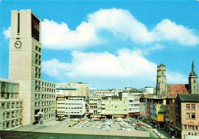 STUTTGART  CITY Rathaus Marktplatz Stiftskirche Parkplatz Autos – Ansichtskarte Stuttgart