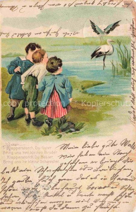 Storch Stork Cigogne Ciguena Kinder Litho – Ansichtskarte
