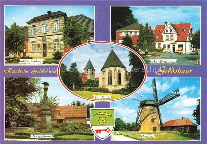 Gildehaus Rathaus Dorfbrunnen Kriegerdenkmal Kirche Ostmuehle – Ansichtskarte Bad Bentheim