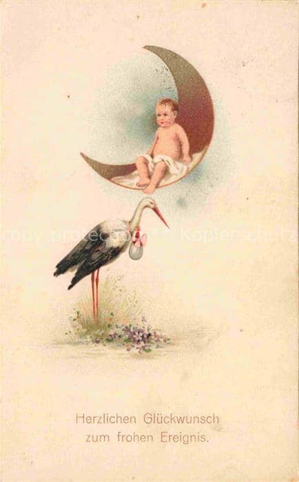 Storch Stork Cigogne Ciguena-- Baby Kind Halbmond – Ansichtskarte