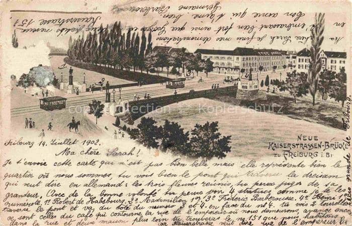 FREIBURG Breisgau BW Kaiserstrassen-Bruecke Bruecke Strassenbahn Denkmal Pappeln – Ansichtskarte Freiburg im Breisgau
