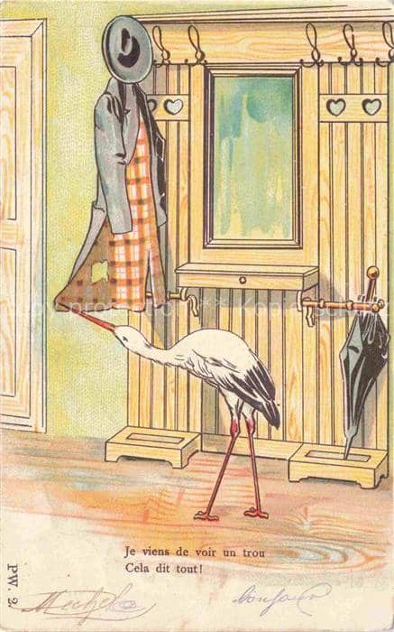 Storch Stork Cigogne Ciguena-- Mantel Hut Schirm – Ansichtskarte